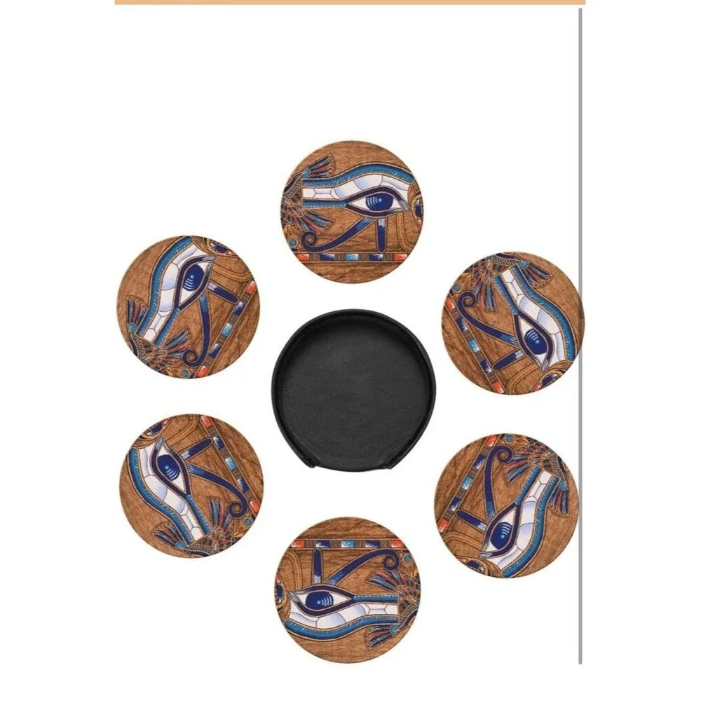 Set Of Six Leather Coasters Decorated With Ancient Egyptian Scenes Leather